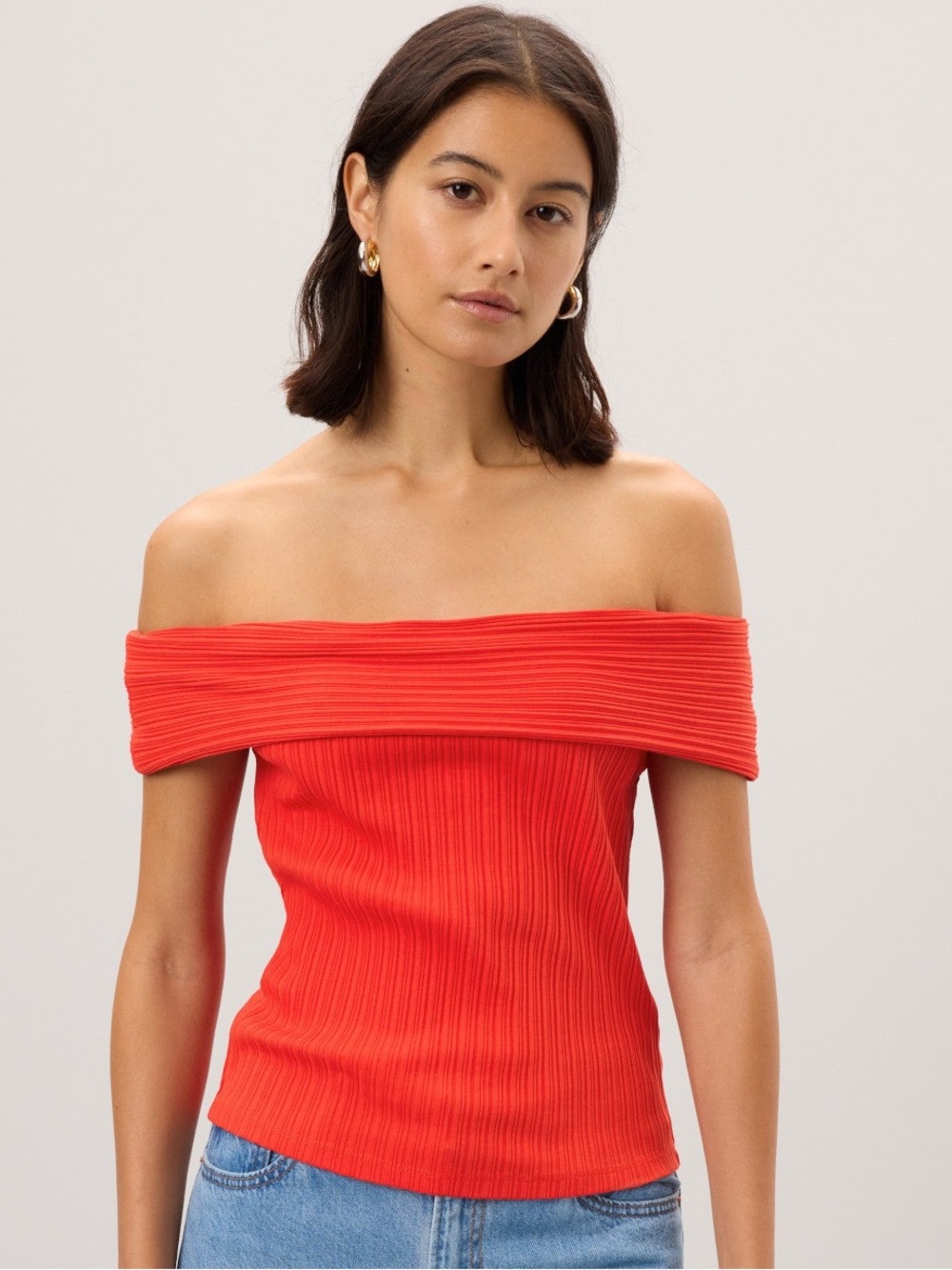 Madewell Ribbed Knit Off-the-Shoulder Short Sleeve Top Red Size M
